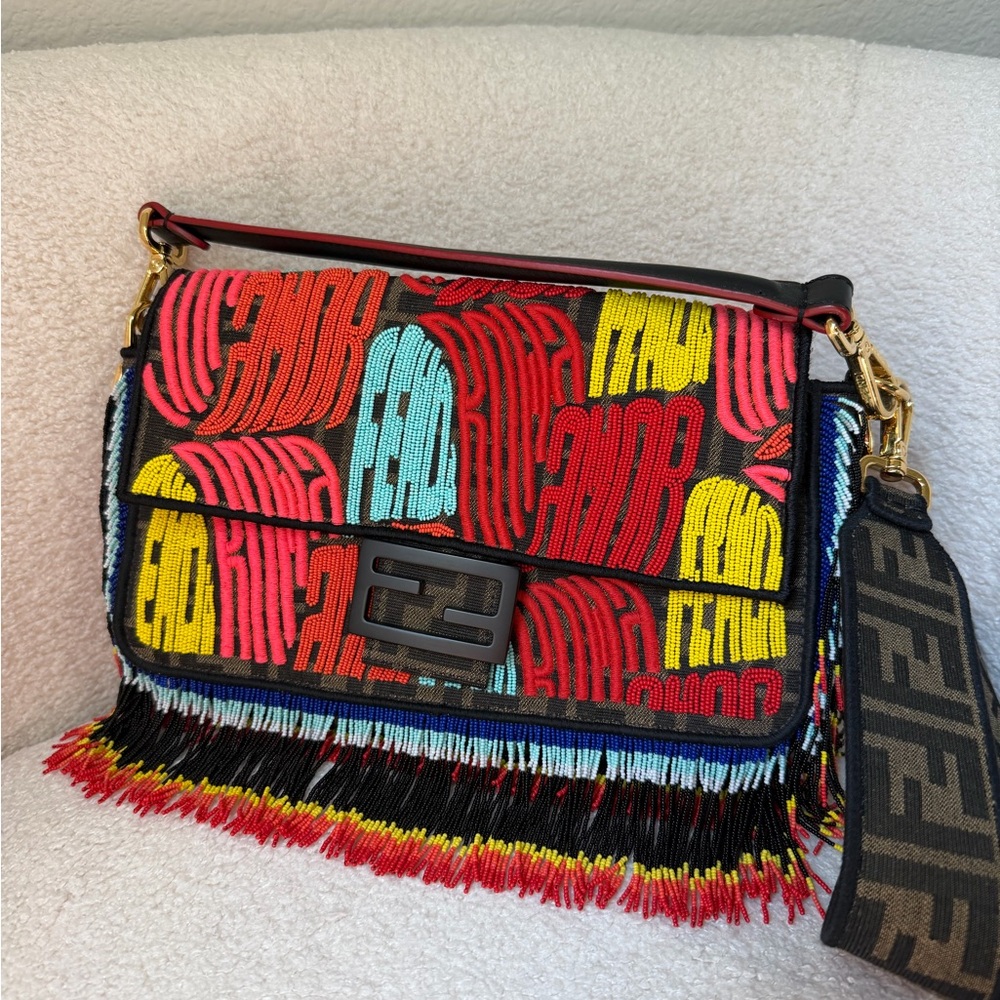 2019 Fendi Baguette Medium Bag Beaded Fringed Embellished Zucca Canvas